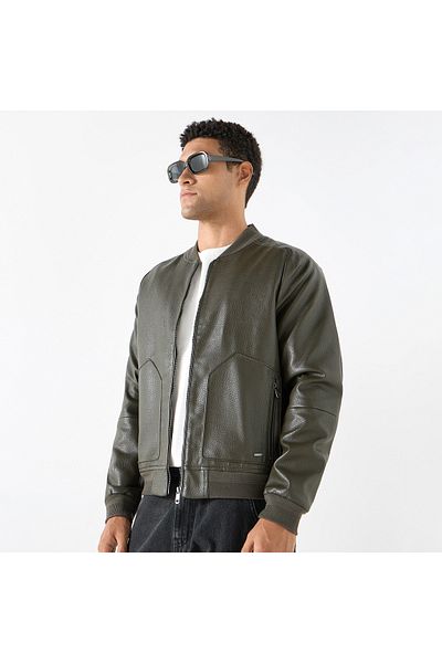 Lee Cooper Textured Bomber Jacket With Zip Closure And Pockets