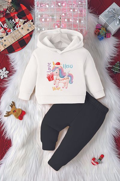 ADABEBEK Hooded Love New Year Unicorn Printed 2-Piece Baby Set 23216