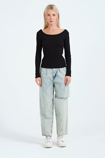 PUNKY CAT Women's Black Wide Collar Long Sleeve Blouse