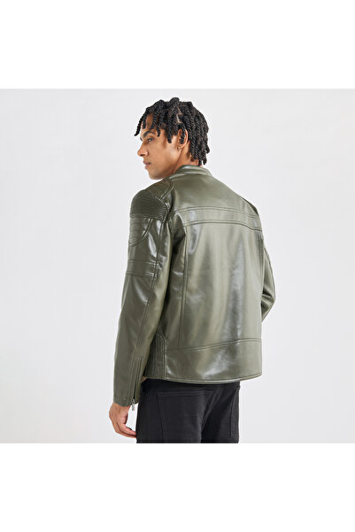 FAV Solid Biker Jacket With Long Sleeves And Pockets