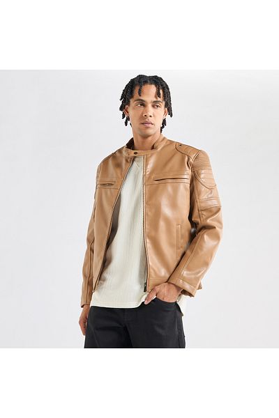 FAV Solid Biker Jacket With Long Sleeves And Pockets