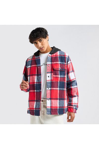 FAV Checked Hooded Shirt With Long Sleeves And Snap Button Closure