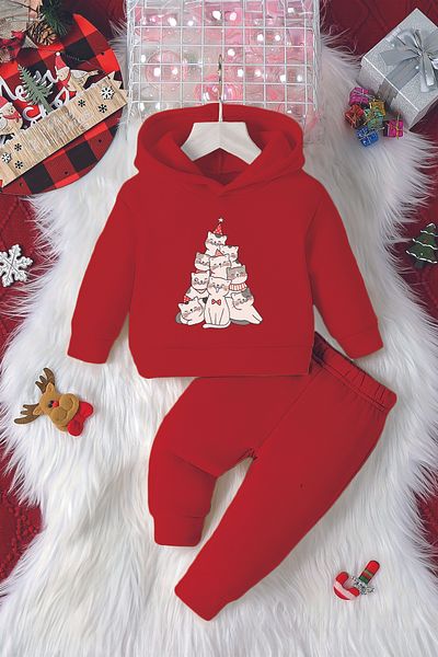 ADABEBEK Hooded Christmas Celebrating Kittens Printed 2-Piece Baby Set 23194