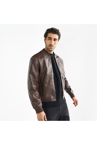 FAV Textured Bomber Jacket With Zip Closure And Pockets