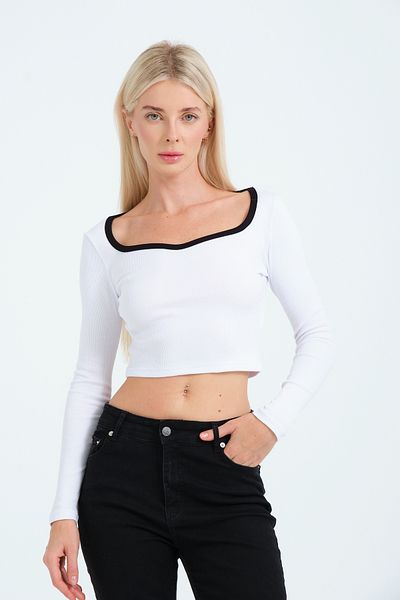 PUNKY CAT Alb pentru femei, guler pătrat adânc, mânecă lungă, detaliu culoare guler, crop, bluză