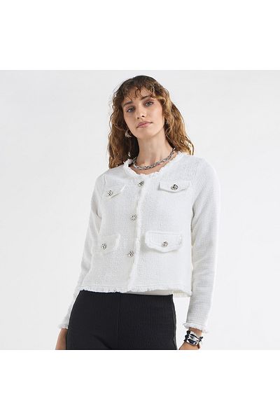 FAV Textured Frayed Hem Shacket With Long Sleeves And Button Accents