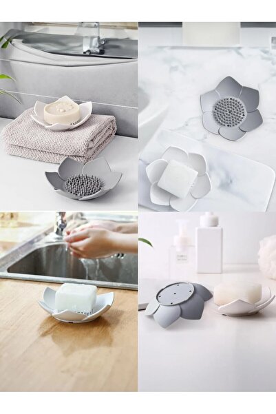 meyre 4 قطع من حامل إسفنجة صابون سيليكون بنمط اللوتس مع مخرج مياه (أسود، أبيض، رمادي، أزرق) أنيق وصلب