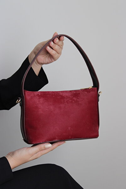 mossi Burgundy Suede Look Adjustable Cross Strap Faux Leather Women's Hand and Shoulder Bag