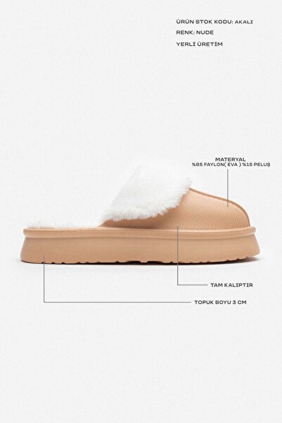 NİŞANTAŞI SHOES Akali Nude matt szőrme lapos talpú női házi papucs