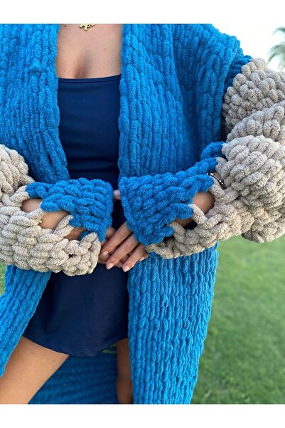 Honies Mavi El Örgüsü Uzun Hırka