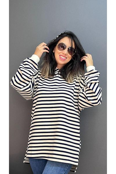 KLC MODA Hooded Slit Patterned Oversize Navy Blue White Sweat