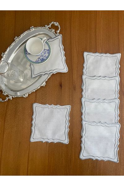 Smiling Home 6 bucăți lenjerie de culoare argintie dublu zig-zag pătrat cu modele șervețele de prezentare pentru cocktail
