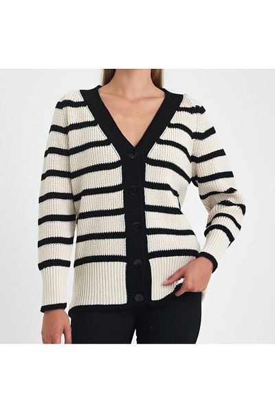 AKŞEN GİYİM Women's Large Size Striped Button Closure Two-Color 42-44-46 Size Suitable Knitwear Cardigan