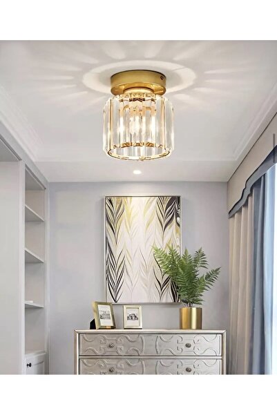 burenze Modern Luxury Plafonyer Kristal Taşlı Avize Gold Sarı Hol Antre Avize