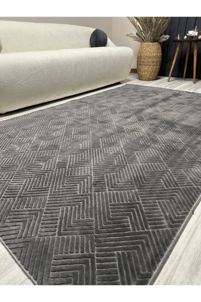 Merinos Rölyef Halı Kaymaz Tabanlı Yıkanabilir Antrasit Çizgili Salon Mutfak Koridor Yolluk Halı