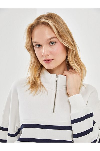 LC Waikiki Lw - Stand Collar Striped Oversize Women's Thick Sweatshirt