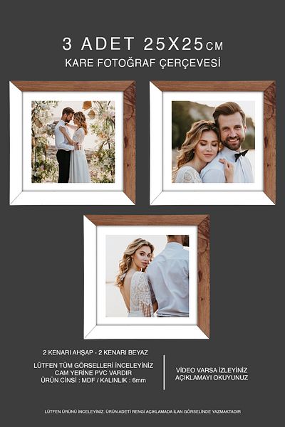 bymat 3 Pieces 25X25 Frame - Mdf Square Frame - Photo Frame - Wooden-White 2 Color Frame