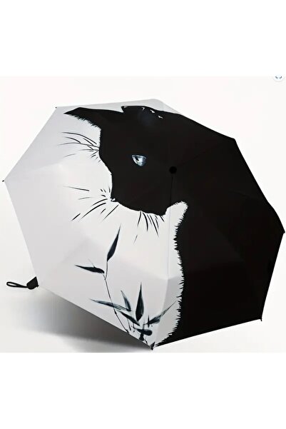 esdekor Kedi Desenli Siyah Beyaz Katlanabilir Şemsiye Manuel Yağmur Geçirmez ...