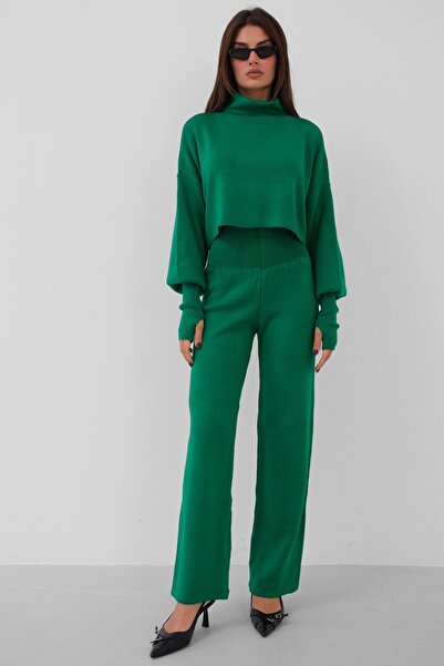 4S1B FASHION Zöld garbós kötött pulóver és magas derekú kötött nadrág szett - hosszú ujjú, kézzel zárható 015