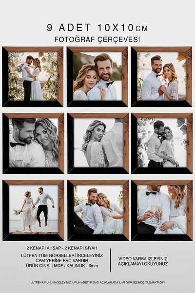 Bytwo 9 Pieces 10X10 Frame - Mdf Square Frame - Photo Frame - Wooden - Black 2 Color Frame