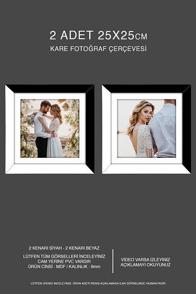 bymat 2 Pieces 25X25 Frame - Mdf Square Frame - Photo Frame - Black-White 2 Color Frame