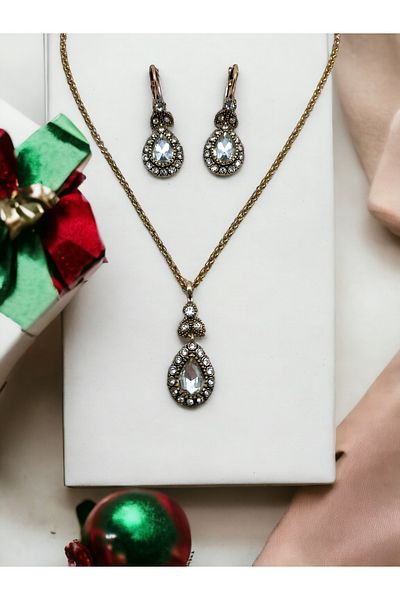 FAYRA ACCESSORIES Water Drop Crystal Jewelled Necklace and Earring Set