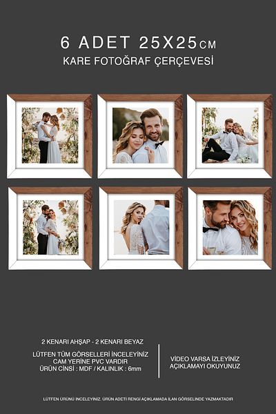 bymat 6 Pieces 25X25 Frame - Mdf Square Frame - Photo Frame - Wooden-White 2 Color Frame