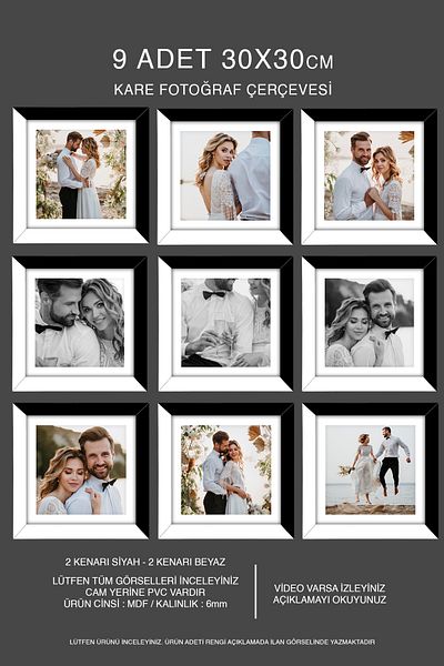 bymat 9 Pieces 30X30 Frame - Mdf Square Frame - Photo Frame - Black-White 2 Color Frame
