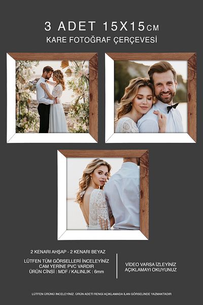 Bytwo 3 Pieces 15X15 Frame - Mdf Square Frame - Photo Frame - Wooden-White 2 Color Frame