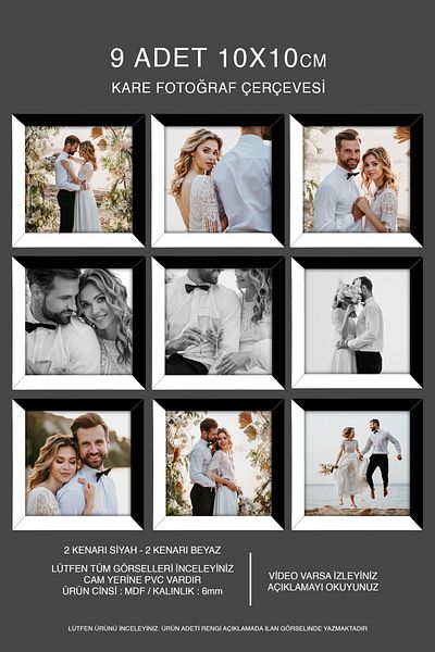 Bytwo 9 Pieces 10X10 Frame - Mdf Square Frame - Photo Frame - Black-White 2 Color Frame