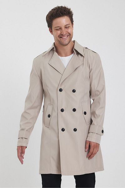TREND KOMBİN Ανδρική καμπαρντίνα Slim Fit - Χρώμα πέτρας, διπλό στήθος γιακά και λεπτομέρεια ζώνης