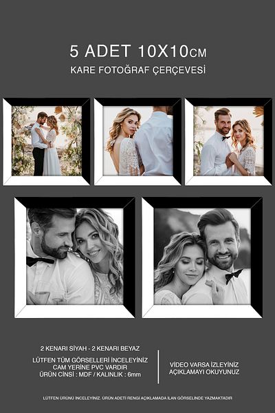 Bytwo 5 Pieces 10X10 Frame - Mdf Square Frame - Photo Frame - Black-White 2 Color Frame