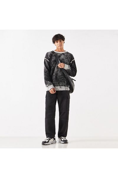 Lee Cooper Textured Oversized Sweater with Long Sleeves and Crew Neck