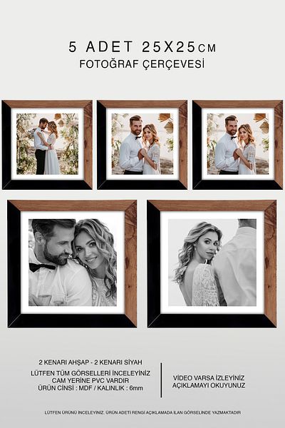 Bytwo 5 Pieces 25X25 Frame - Mdf Square Frame - Photo Frame - Wood-Black 2 Color Frame