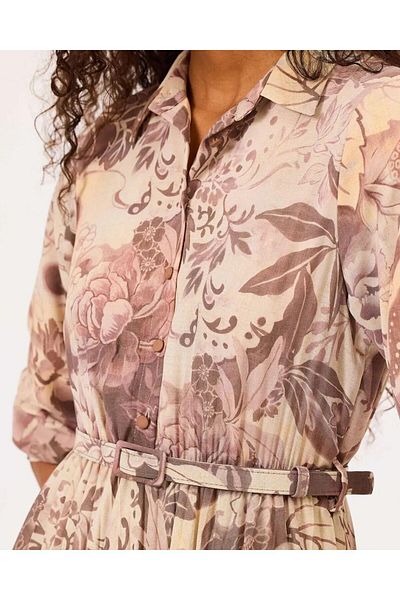SEÇİL Shirt Collar Print and Belt Dress - Brown - 38