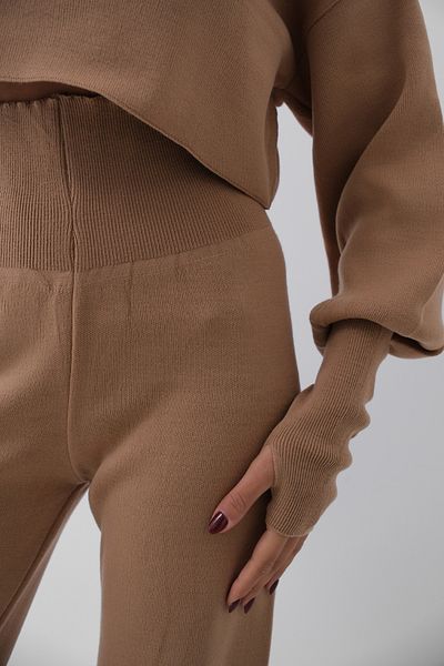 4S1B FASHION Set de tricotaje cu mânecă lungă și pantaloni tricotați cu talie înaltă - Camel 015
