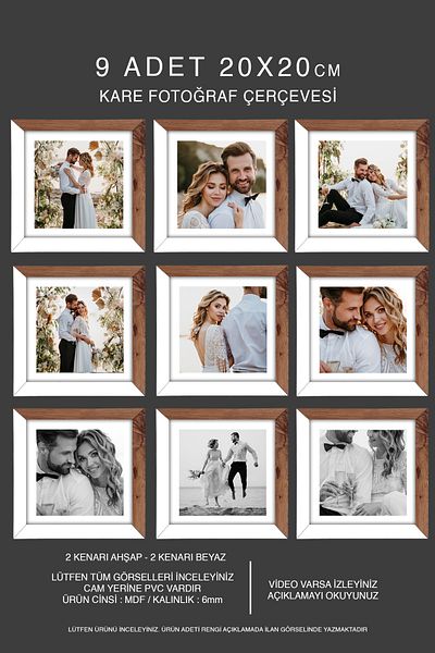Bytwo 9 Pieces 20X20 Frame - Mdf Square Frame - Photo Frame - Wood-White 2 Colors