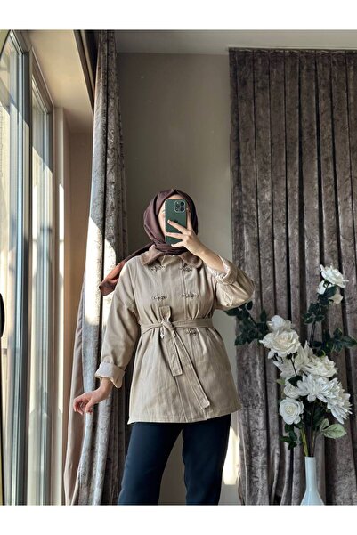 MISEY BOUTIQUE KADİFE YAKA DETAYLI KANCALI KUŞAKLI GABARDİN CEKET