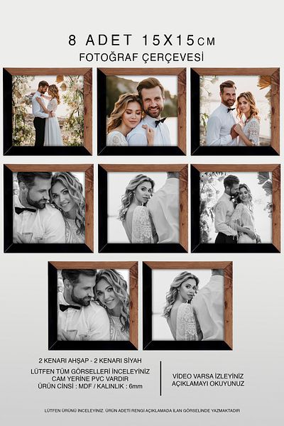 yhfoto 8 Pieces 15X15 Frame - Mdf Square Frame - Photo Frame - Wood-Black 2 Color Frame