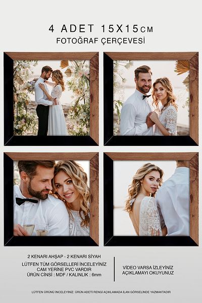 bymat 4 Pieces 15X15 Frame - Mdf Square Frame - Photo Frame - Wood-Black 2 Color Frame
