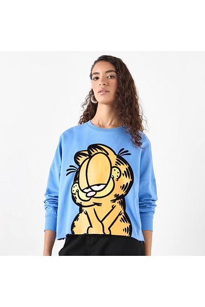 SP Characters Garfield Print Sweatshirt with Crew Neck and Long Sleeves
