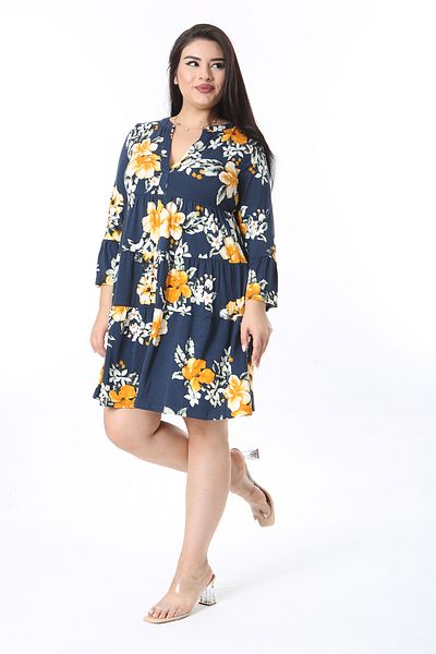 Şans Women's Large Size Navy Blue V-Neck Long Sleeve Layered Dress 65N38474