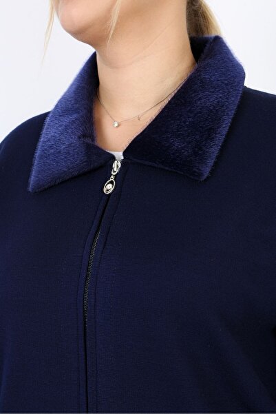 Şans Жіночий великий розмір темно-синій трикотажний светр без підкладки з кишенями 65N38455