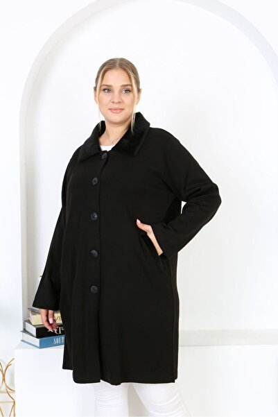 Şans Women's Large Size Black Steel Knit Knitwear Unlined Long Coat with Pockets 65N38453
