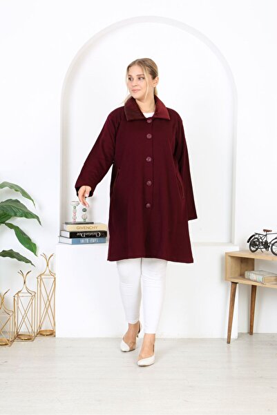 Şans Women's Large Size Claret Red Steel Knitted Knitwear Unlined Long Coat with Pockets 65N38453