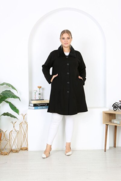 Şans Women's Large Size Black Steel Knit Knitwear Unlined Long Coat with Pockets 65N38453