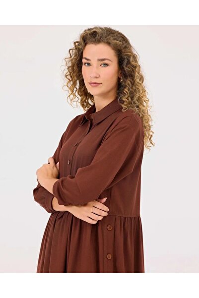 SEÇİL GÖMLEK YAKA DÜĞMELİ ELBİSE-Kahverengi - 36