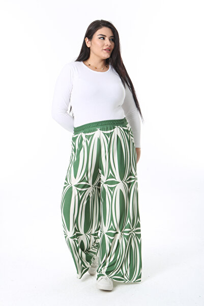 Şans Women's Plus Size Green Lycra Trousers with Elastic Waist and Side Pockets 65N38466
