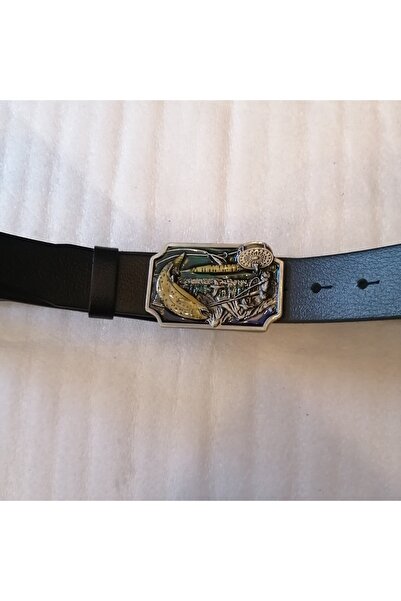 Butik Tülin جلد عجل أصلي أسود للجنسين - حزام بإبزيم صياد رعاة البقر يحمل سمكة...