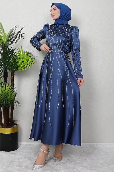 GİZ AGİYİM Rochie de seara din satin Indigo - Şeyma